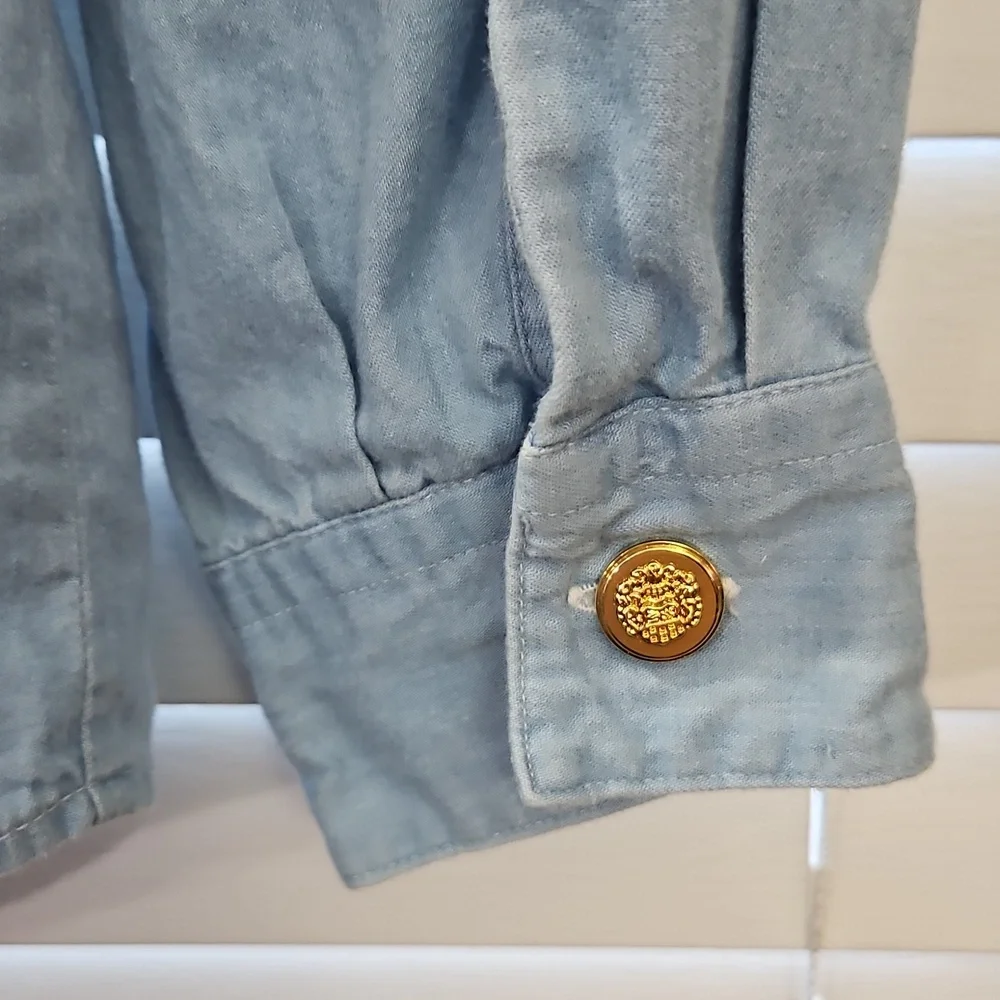 Talbots Blue Cotton Blouse With Gold Buttons Sz M